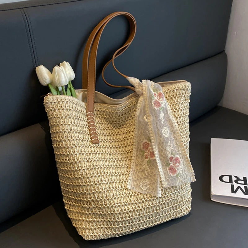 Straw Tote Bag for Women – Large Handwoven Shoulder Bag with Scarf