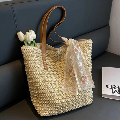 Straw Tote Bag for Women – Large Handwoven Shoulder Bag with Scarf