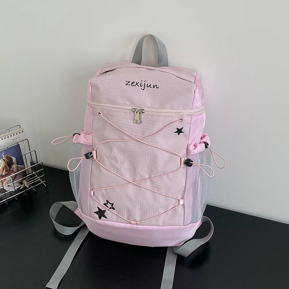 Star Print Nylon School Backpack with Bungee Cord