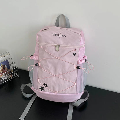 Star Print Nylon School Backpack with Bungee Cord