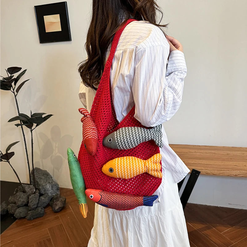 Fish Knit Tote Bag – Crochet Shoulder Bag with 3D Fish