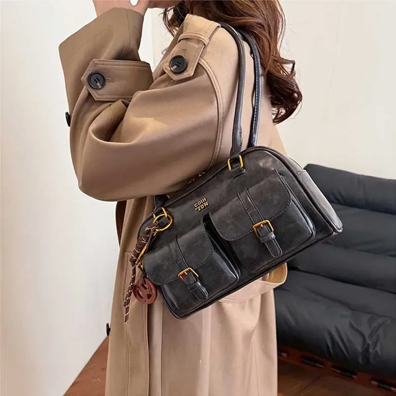 Retro PU Leather Shoulder Bag – Women's Multi-Pocket Large Capacity Satchel