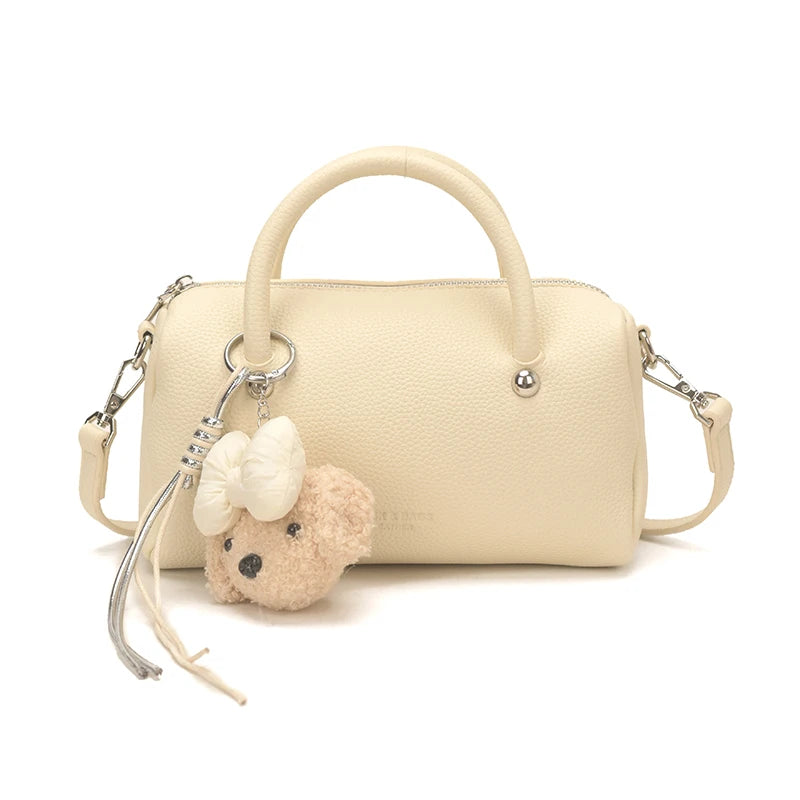 Women's Leather Top Handle Bag – Crossbody Shoulder Purse with Pendant