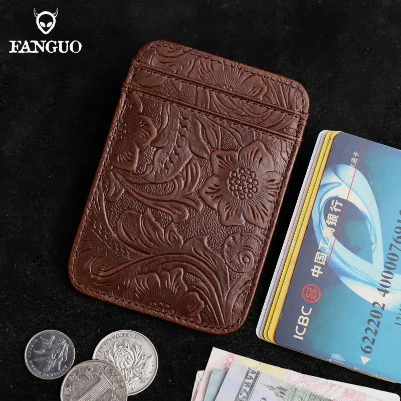 Genuine Leather Card Holder – Slim Floral Embossed Credit Card Wallet