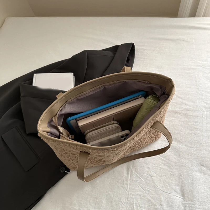 Lamb Wool Tote Bag – Women's Plush Shoulder Handbag