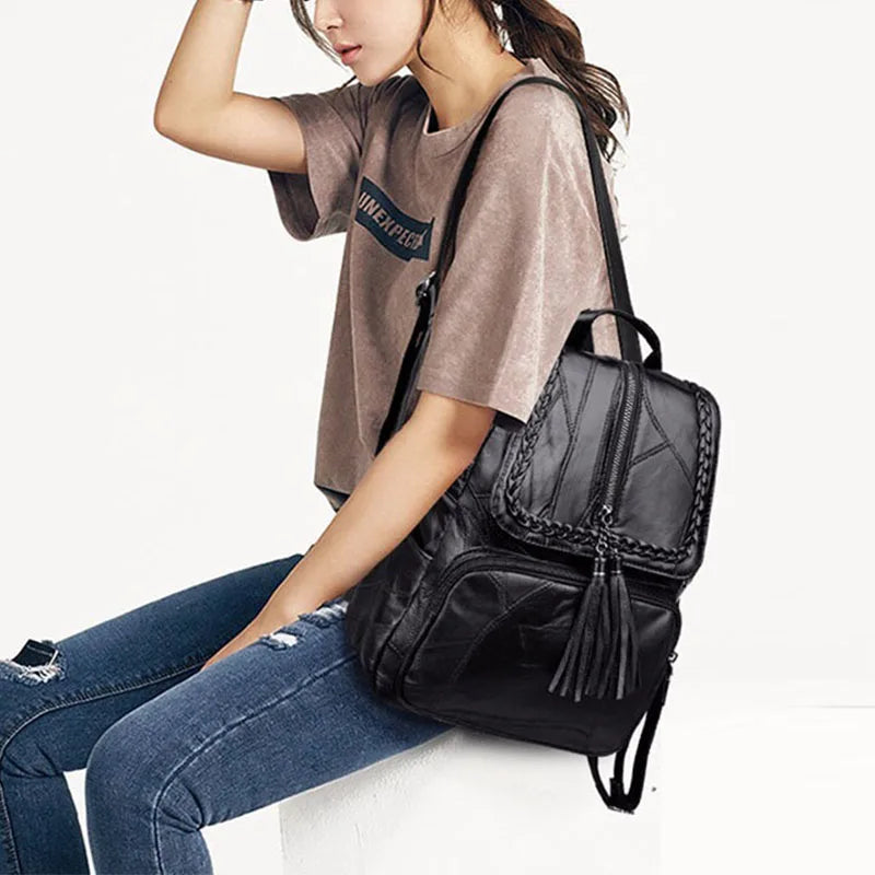 Women's PU Leather Backpack – Waterproof Tassel Travel Shoulder Bag