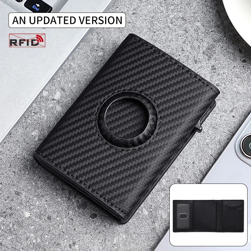 RFID Blocking Carbon Fiber Slim Wallet with AirTag Slot & Auto-Pop Card Holder