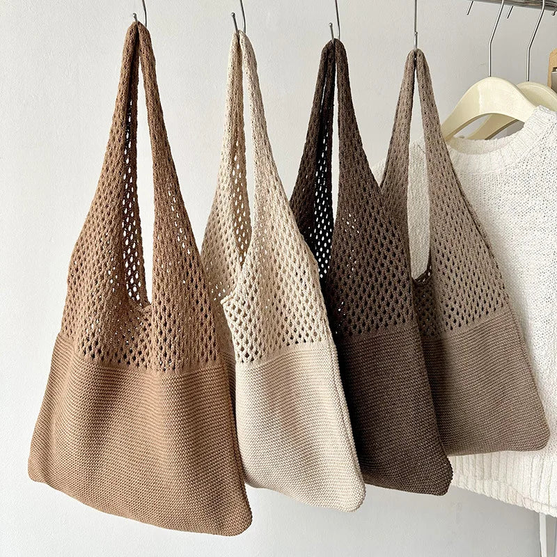 Hollow Knit Shoulder Tote Bag for Women – Large Capacity