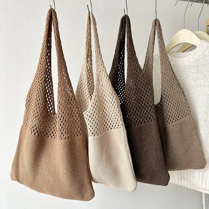 Hollow Knit Shoulder Tote Bag for Women – Large Capacity