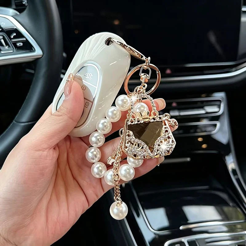 Crystal Rhinestone Keychain – Pearl Bead Handbag Charm Key Ring