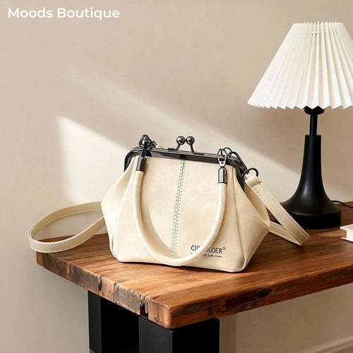 Moods Retro Style Top-Handle Bags Women Kiss Lock Pure Color Pu Leather Shoulder Crossbody Bag