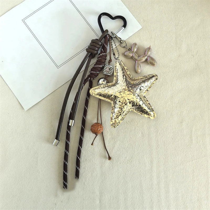Bow Leather Charm Keychain with Braided Rope – Cute Bag Accessory