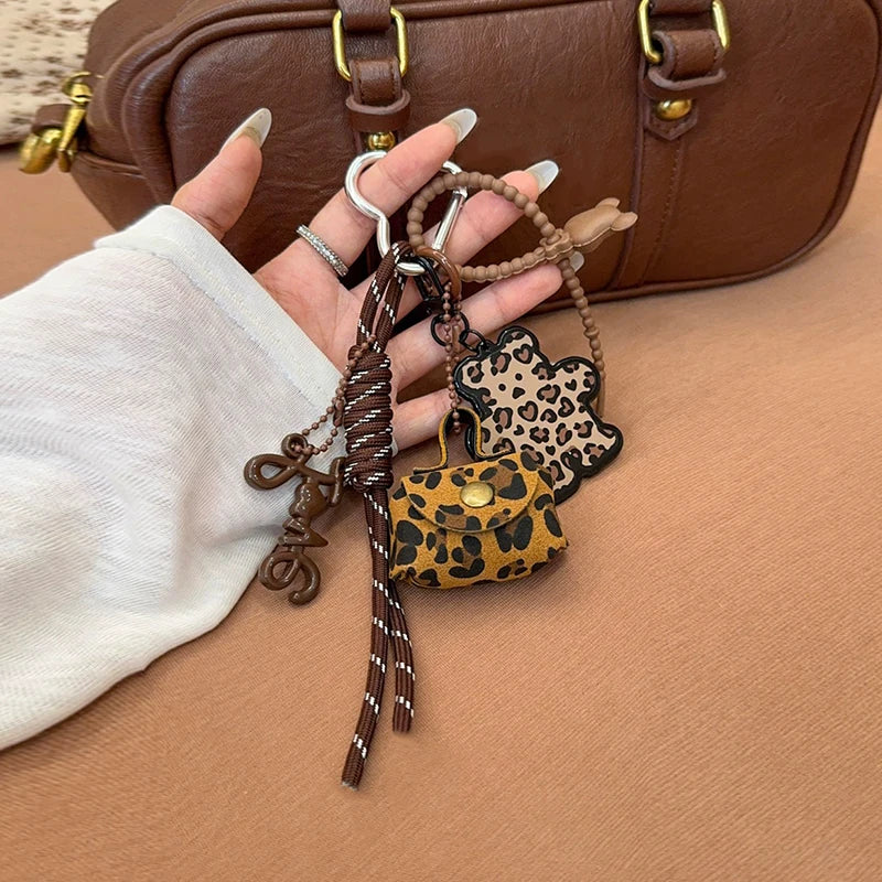 Leopard Print Bear Bag Charm Keychain with Wrist Strap