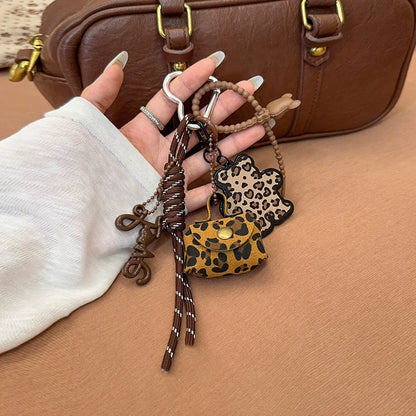 Leopard Print Bear Bag Charm Keychain with Wrist Strap