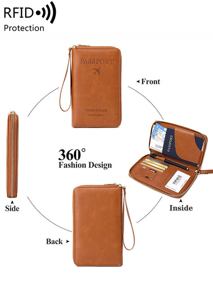 RFID Travel Wallet – Long Passport Holder with Zipper & Wrist Strap