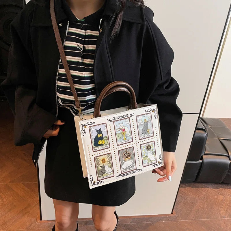 Cat Tarot Print Tote Bag for Women – Stylish Top-Handle Handbag