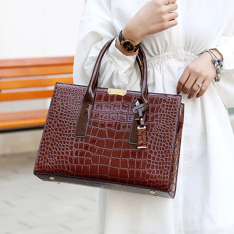 Crocodile Pattern Patent Leather Women's Handbag