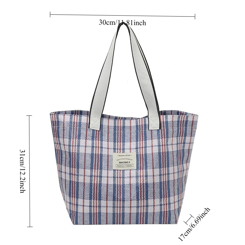 Color Block Plaid Weave Tote Bag Large Capacity Durable Shoulder Multifunctional Woven Mom
