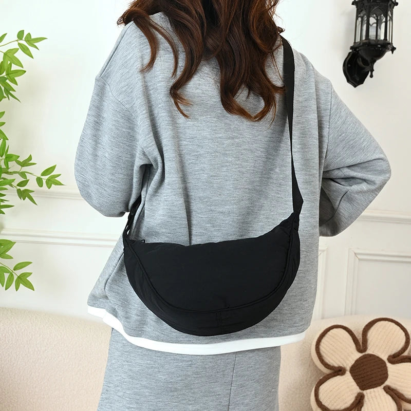 Nylon Crescent Shoulder Bag for Women – Casual Dumpling Crossbody