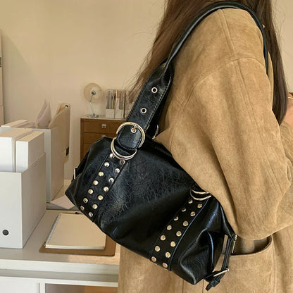 Y2K Rivet Shoulder Bag for Women – PU Leather Motorcycle Handbag