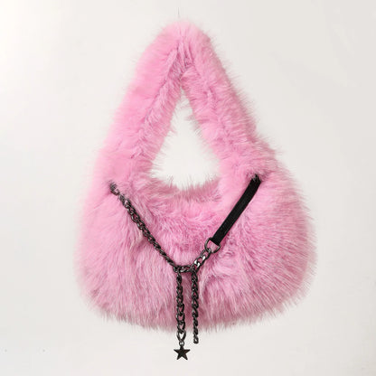Fluffy Plush Shoulder Bag - Luxury Metal Chain Handbag for Women