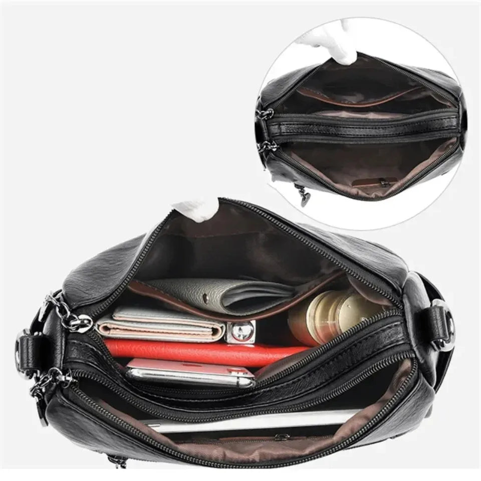 Vintage Soft Leather Crossbody Bag – Multi-Pocket Women's Shoulder Bag