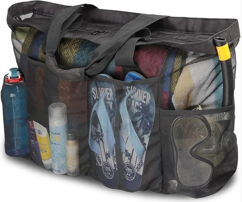 Extra Large Mesh Beach Bag with Zipper & Side Pockets
