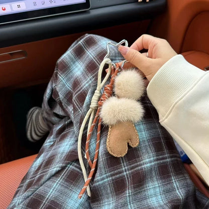 Fluffy Pom Pom Keychain with Leather Mitten Bag Charm for Women