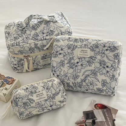 Quilted Floral Cotton Makeup Bag with Zipper