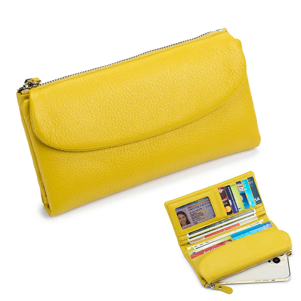 Genuine Cowhide Long Wallet for Women – Magnetic Clutch