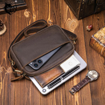 Men's Crazy Horse Genuine Leather Crossbody Messenger Bag