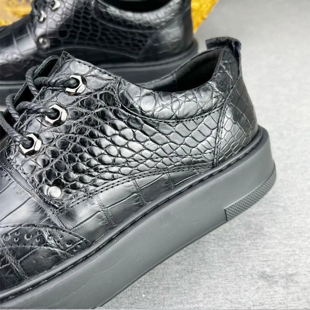 Crocodile Leather Oxford Sneakers for Men – Black Lace-Up