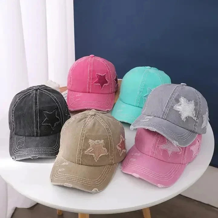 Retro Y2K Star Washed Denim Baseball Cap – Snapback Hat for Men & Women