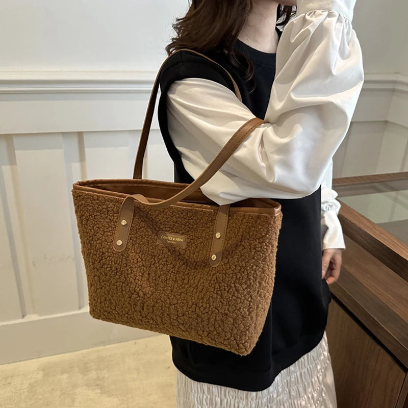 Lamb Wool Tote Bag – Women's Plush Shoulder Handbag