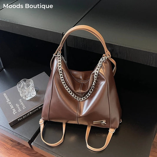 Moods Autumn Latest Backpacks Women Soft Pu Leather Pure Color Chain Shoulder Tote Bags Large