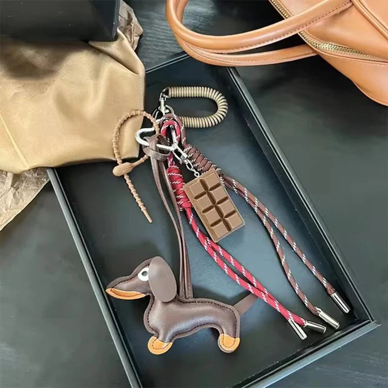 Dachshund Keychain Leather Dog Bag Charm with Braided Rope