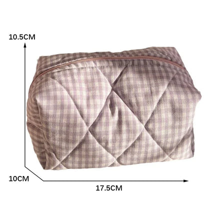 Quilted Checkered Makeup Bag – Large Capacity Cotton Cosmetic Pouch