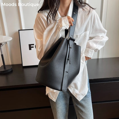 Moods Retro Shoulder Bucket Bag Sets Women 2-In-1 Solid Color Large Capacity Cross Body Shopper