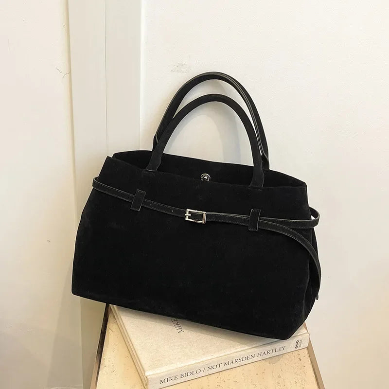 Faux Suede Tote Bag Large Capacity Buckle Handbag for Women