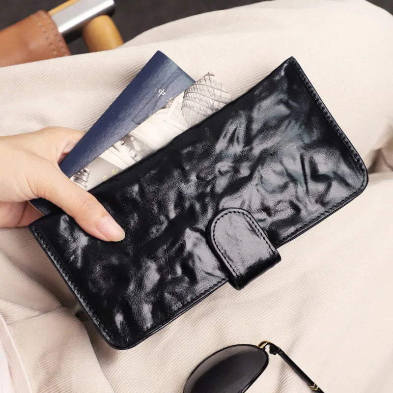 Genuine Leather Long Wallet – Retro Snap Closure Phone & Card Organizer