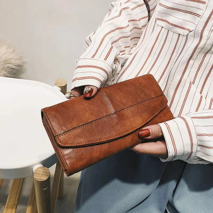 Women's Long Trifold Wallet – Vintage PU Leather Clutch Purse