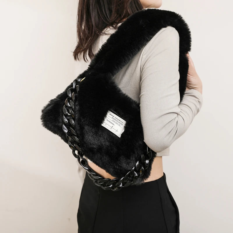 Soft Plush Shoulder Bags Women 2022 Winter Luxury Designer Handbag Thick Chain Fluffy Hand Warmers