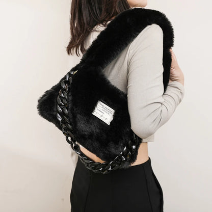 Soft Plush Shoulder Bags Women 2022 Winter Luxury Designer Handbag Thick Chain Fluffy Hand Warmers