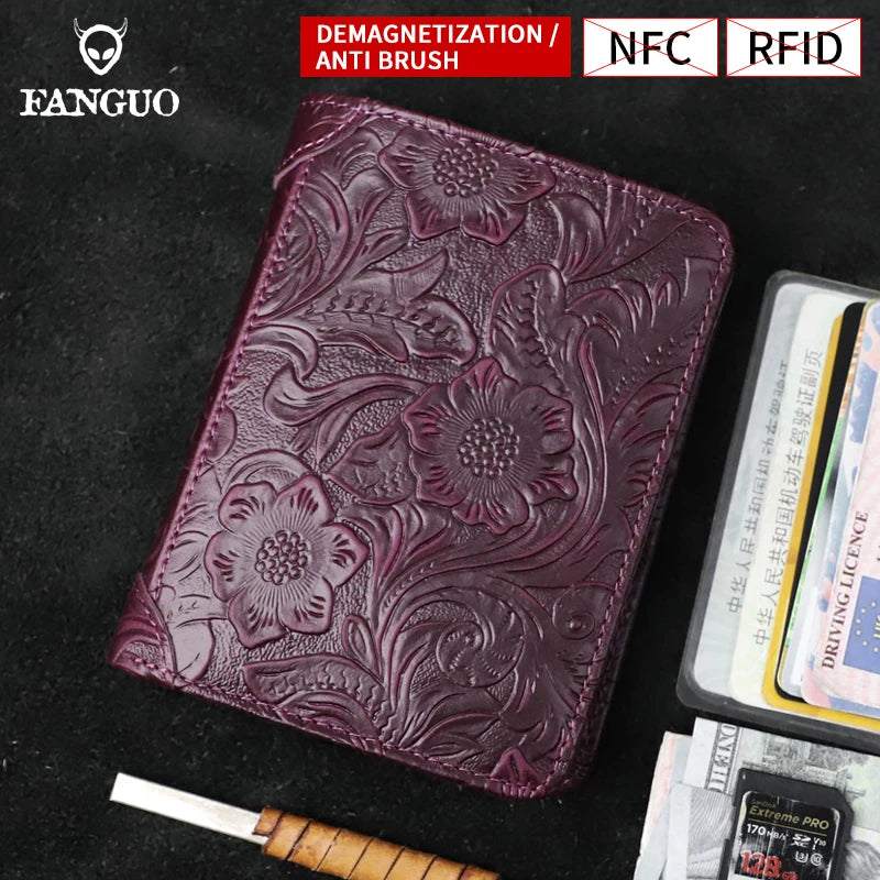 Genuine Leather RFID Blocking Wallet – Floral Embossed Bifold with Card Windows
