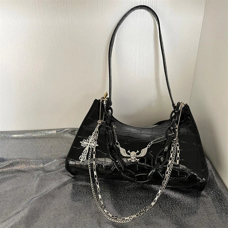 Y2K Skull Shoulder Bag – Crocodile Pattern Dark Punk Handbag
