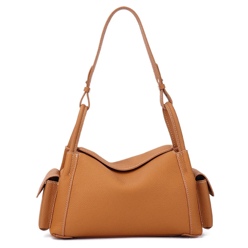 Genuine Cowhide Leather Hobo Shoulder Bag – Pebbled Minimalist Style