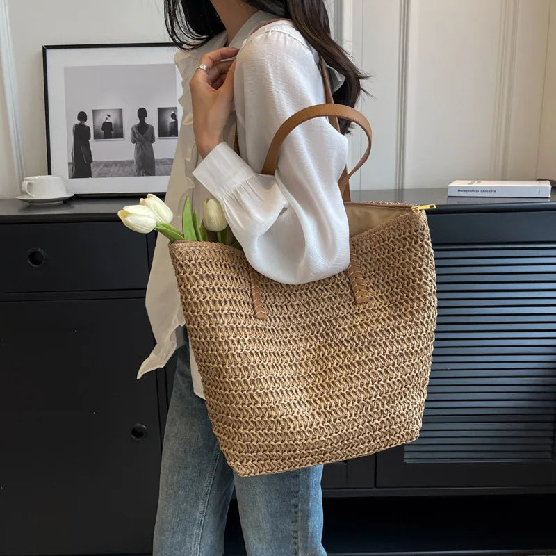 Straw Beach Tote Bag – Women's Woven Shoulder Bag