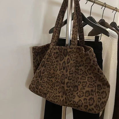Leopard Print Suede Tote Bag Large Capacity for Women