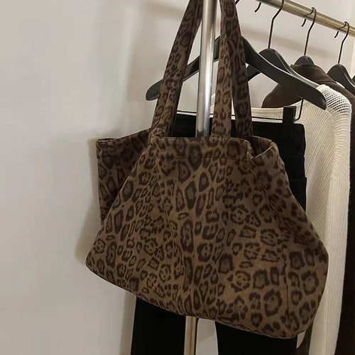 Leopard Print Suede Tote Bag Large Capacity for Women
