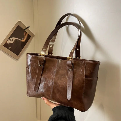 PU Leather Tote Bag Retro Large Capacity Women's Shoulder Bag